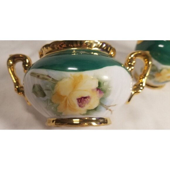 Vintage Porcelain Yellow Rose Creamer & Sugar Bowl Gold Trim - Picture 3 of 6